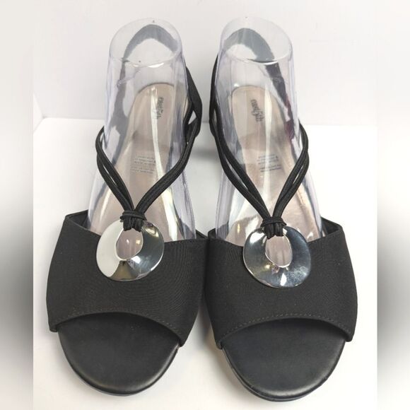 East 5th Ravena Black Sandals Silver O-ring Accent Low Wedge Heel Womens 11 - Picture 4 of 7